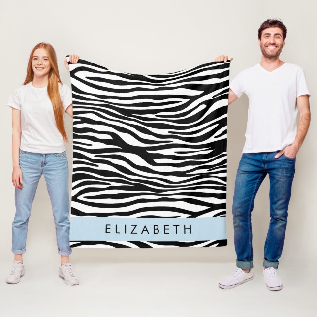 Zebra Print, Stripes, Black And White, Your Name Fleece Blanket (In Situ)