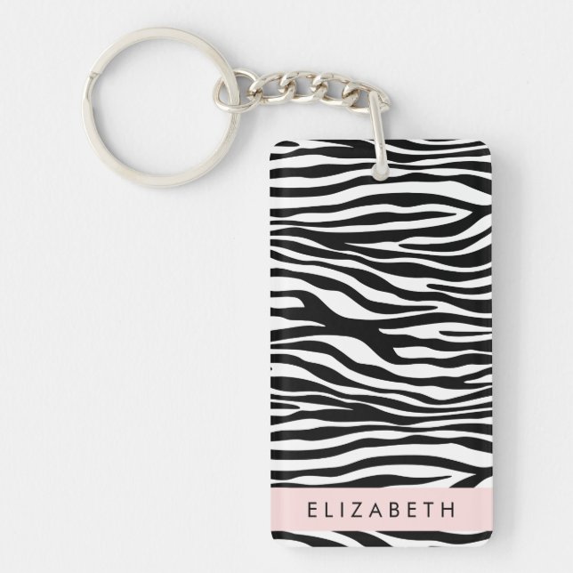 Zebra Print, Stripes, Black And White, Your Name Key Ring (Front)