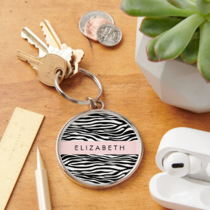 Zebra Print, Stripes, Black And White, Your Name Key Ring
