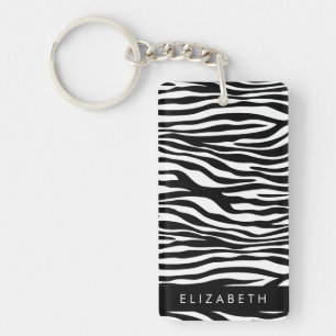 Zebra Print, Stripes, Black And White, Your Name Key Ring