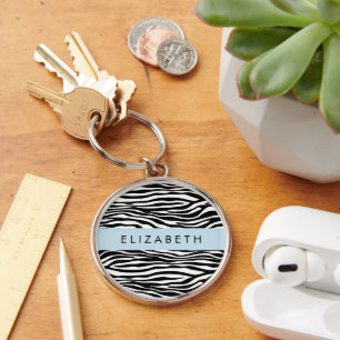 Zebra Print, Stripes, Black And White, Your Name Key Ring