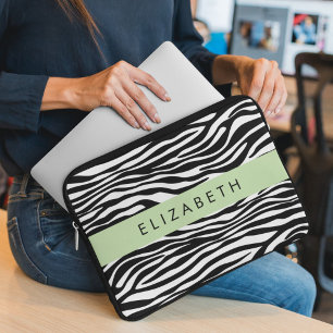 Zebra Print, Stripes, Black And White, Your Name Laptop Sleeve