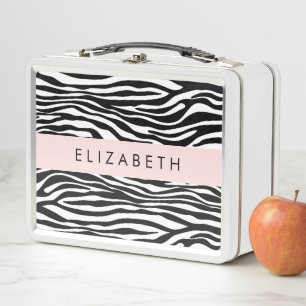 Zebra Print, Stripes, Black And White, Your Name Metal Lunch Box