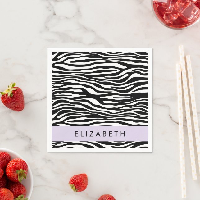 Zebra Print, Stripes, Black And White, Your Name Napkin (Insitu)