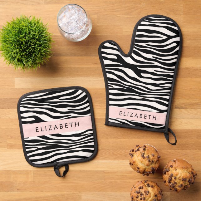 Zebra Print, Stripes, Black And White, Your Name Oven Mitt & Pot Holder Set (Top Down)