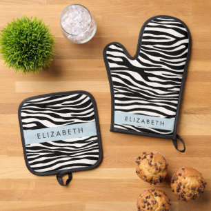 Zebra Print, Stripes, Black And White, Your Name Oven Mitt & Pot Holder Set