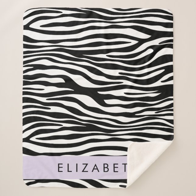 Zebra Print, Stripes, Black And White, Your Name Sherpa Blanket (Front)