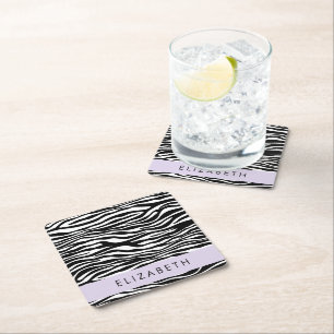 Zebra Print, Stripes, Black And White, Your Name Square Paper Coaster