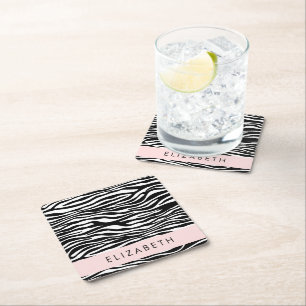 Zebra Print, Stripes, Black And White, Your Name Square Paper Coaster
