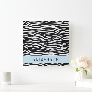 Zebra Print, Stripes, Black And White, Your Name Square Wall Clock