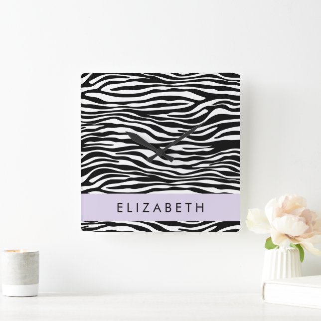 Zebra Print, Stripes, Black And White, Your Name Square Wall Clock (Home)
