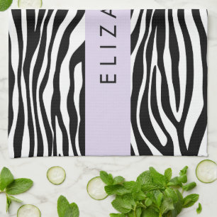 Zebra Print, Stripes, Black And White, Your Name Tea Towel