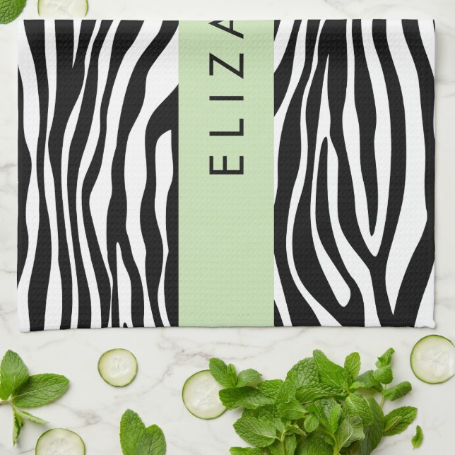 Zebra Print, Stripes, Black And White, Your Name Tea Towel (Folded)