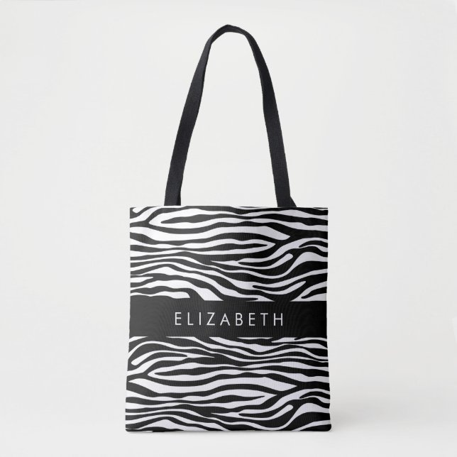 Zebra Print, Stripes, Black And White, Your Name Tote Bag (Front)