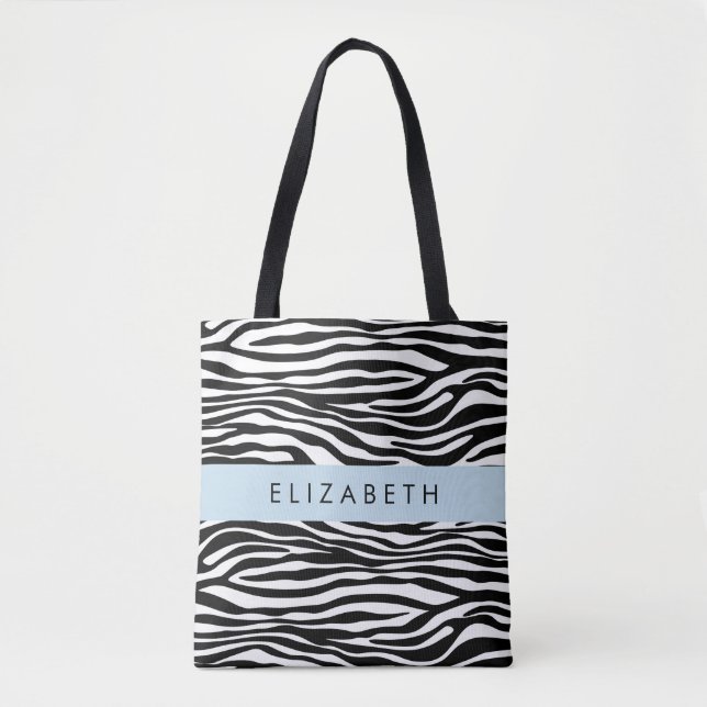 Zebra Print, Stripes, Black And White, Your Name Tote Bag (Front)