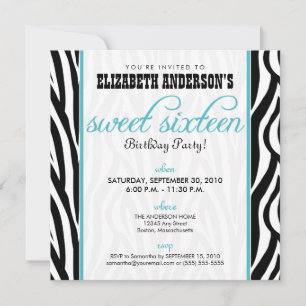 Zebra Print Sweet 16 Party Invitation (aqua)