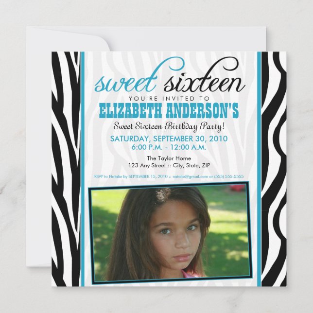 Zebra Print Sweet 16 Party Invitation (aqua blue) (Front)