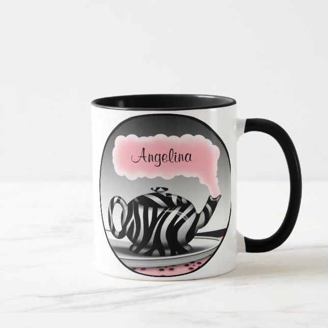 Zebra Print Teapot Pink Personalised Mug (Right)