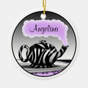 Zebra Print Teapot Purple Round Ornament