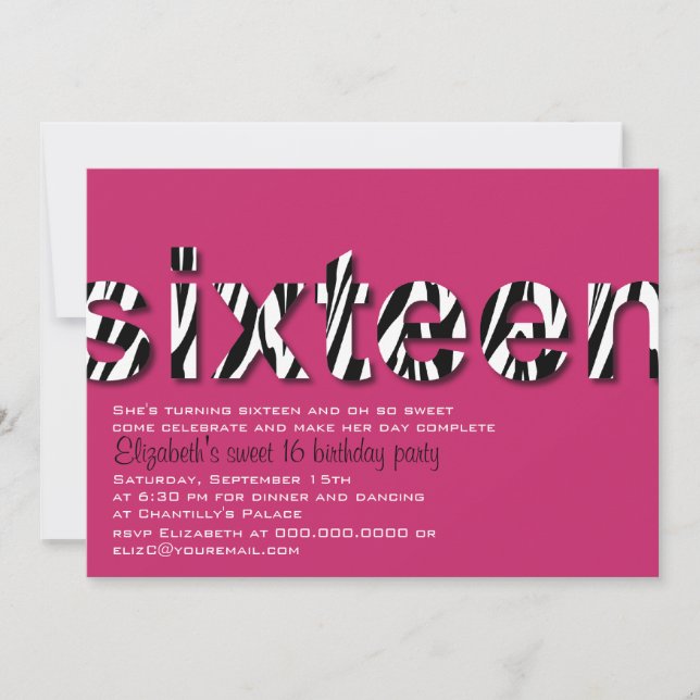 Zebra Print Typography Design Sweet 16 Invitation (Front)