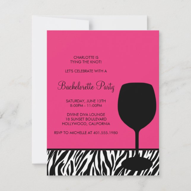 zebra print wine bachelorette invitation (Front)