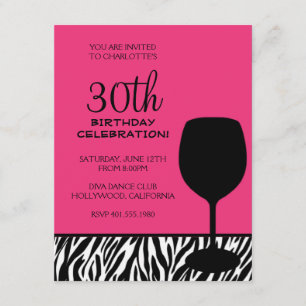 zebra print wine birthday invitation