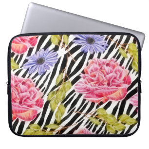Zebra Print With Chic Pink and Purple Floral Laptop Sleeve