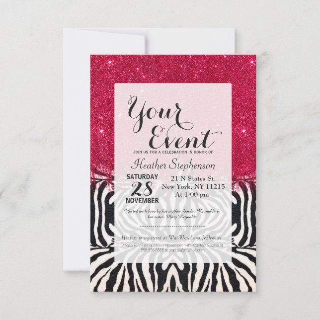 Zebra Print with Faux Pink Brush Stroke Glitter Invitation (Front)