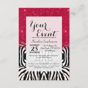 Zebra Print with Faux Pink Brush Stroke Glitter Invitation