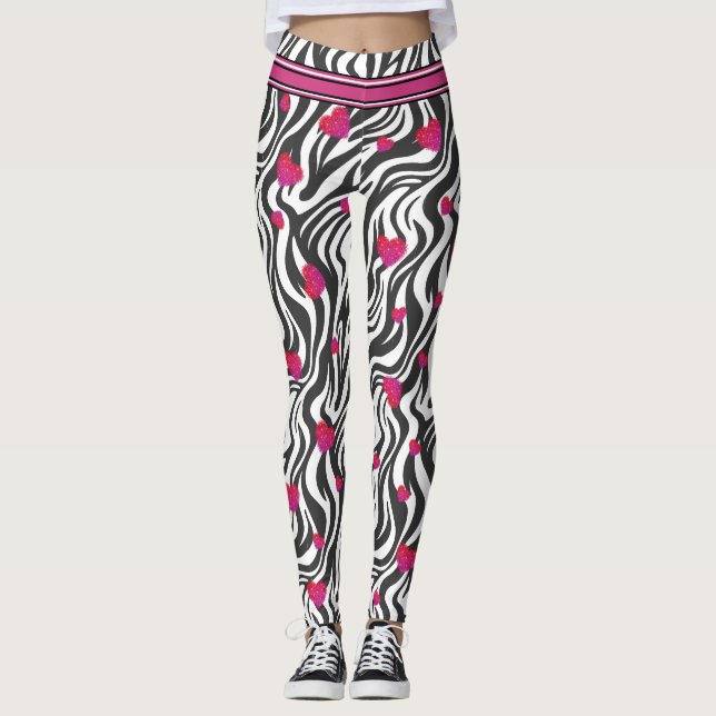 Zebra Print with Hot Pink Sparkle Hearts Leggings (Front)