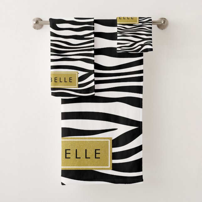 Zebra Print, Zebra, Black And White, Your Name Bath Towel Set (Insitu)