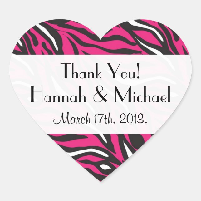 Zebra Print, Zebra Stripes, Pink Zebra, Wedding Heart Sticker (Front)