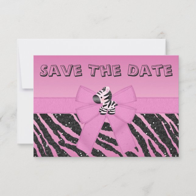 Zebra & Printed Bow Baby Shower Save the Date (Front)