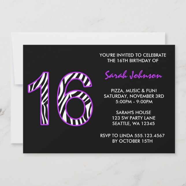 Zebra Purple and Black Sweet 16 Birthday Invitation (Front)