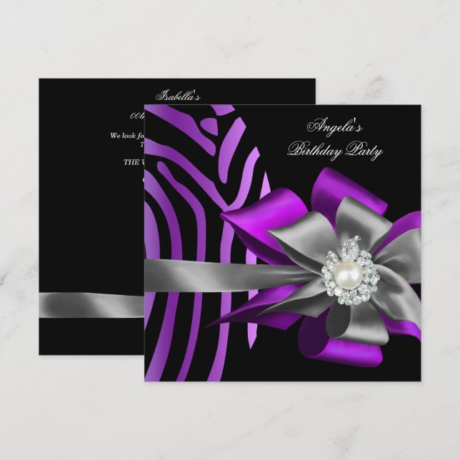 Zebra Purple Black Silver Bow Pearl Birthday 2 Invitation (Front/Back)