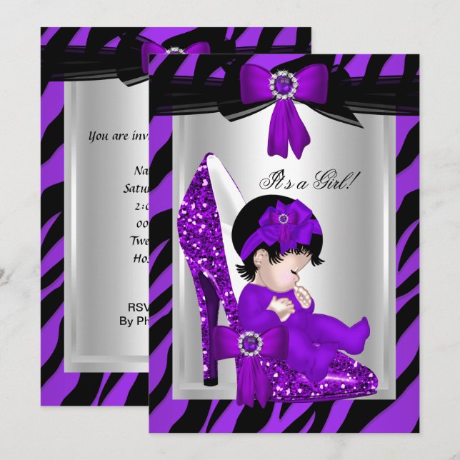 Zebra Purple High Heels Baby Shower Brunette Girl Invitation (Front/Back)
