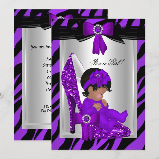 Zebra Purple High Heels Baby Shower Ethnic Girl Invitation (Front/Back)