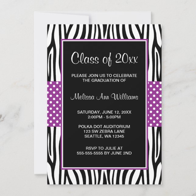 Zebra Purple Polka Dot Graduation Announcement (Front)