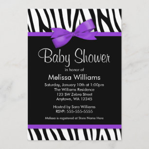 Zebra Purple Printed Bow Baby Shower Invitation