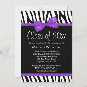 Zebra Purple Printed Bow Graduation Party Invitation