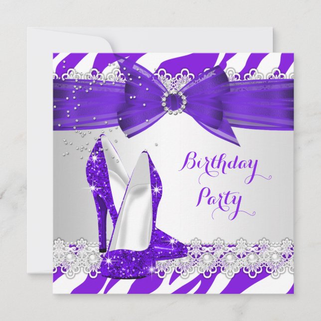 Zebra Purple White High Heel Lace Pearl Birthday Invitation (Front)