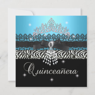 Zebra Quinceanera 15th Birthday Party Blue Black Invitation