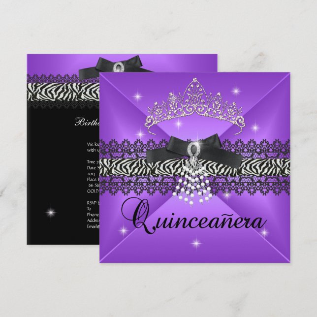 Zebra Quinceanera 15th Birthday Party Purple Black Invitation (Front/Back)