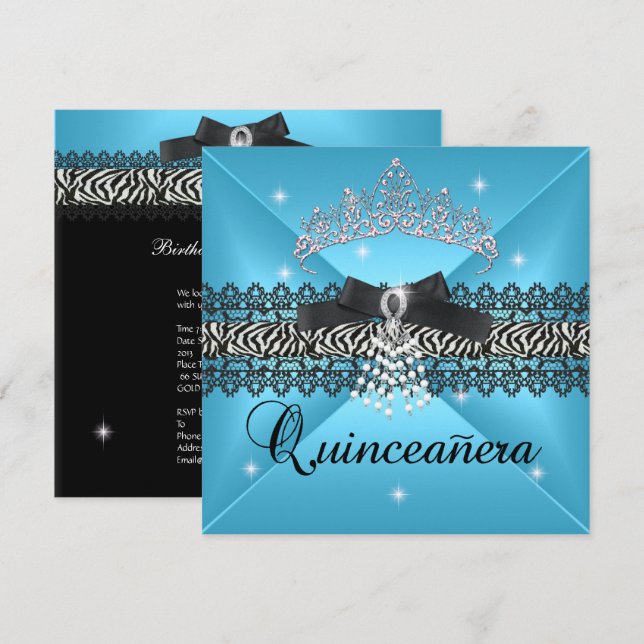 Zebra Quinceanera 15th Birthday Party Teal Blue Invitation (Front/Back)