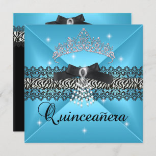 Zebra Quinceanera 15th Birthday Party Teal Blue Invitation