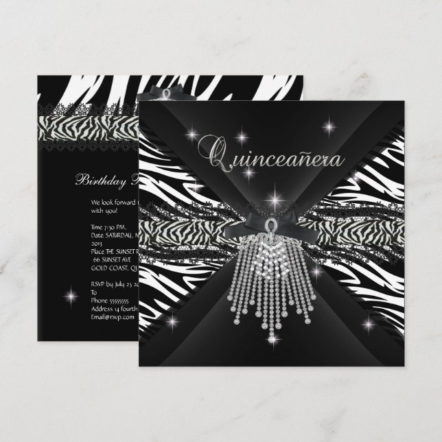 Zebra Quinceanera 15th White Black Zebra Lace 3 Invitation (Front/Back)