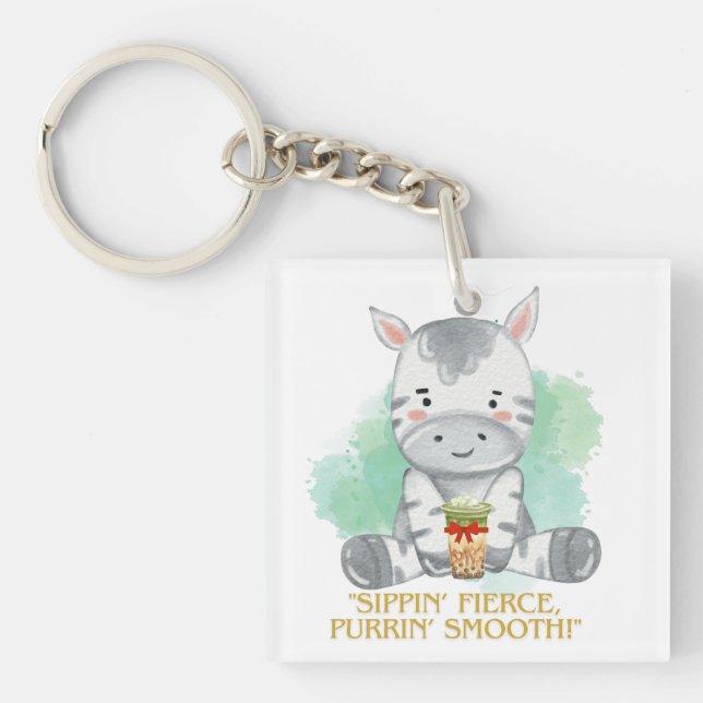 zebra quote cartoon drinking bobba tea key ring (Front)