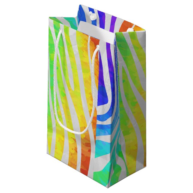 Zebra Rainbow and White Print Small Gift Bag (Front Angled)