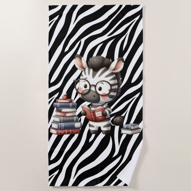 Zebra Reading Books. Beach Towel (Front)