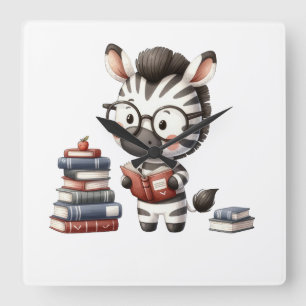 Zebra Reading Books. Square Wall Clock